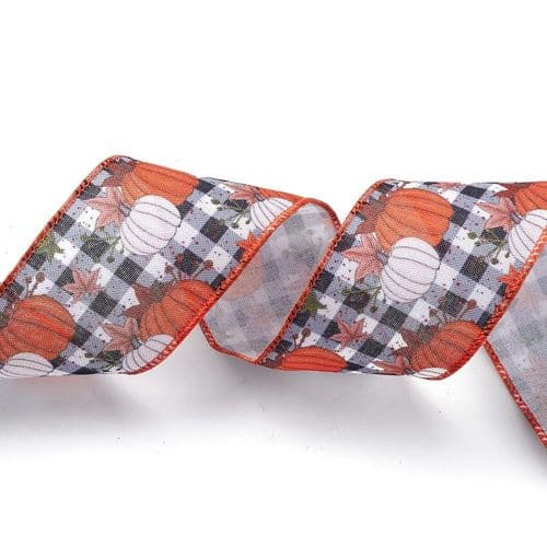 Halloween Wired Ribbon - Pumpkins, Maple Leaf and Gingham Design 63mm Wide (Per Metre)