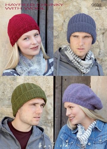 Hayfield Adults Hats Knitting Pattern in Chunky with Wool (9698P) PDF DOWNLOAD