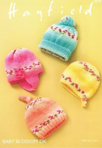 Hayfield Babies Hats Knitting Pattern in Baby Blossom DK (4839)