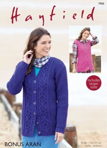 Hayfield Ladies Cardigan & Waistcoat Knitting Pattern in Bonus Aran - 7900 PDF DOWNLOAD