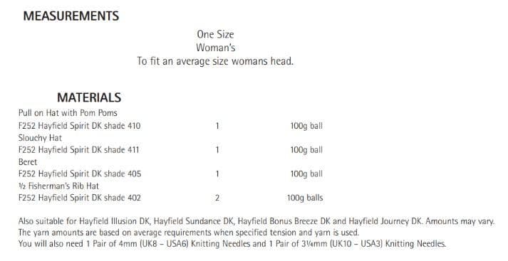 Hayfield Ladies Hats Knitting Pattern in Spirit DK - 8158 PDF DOWNLOAD