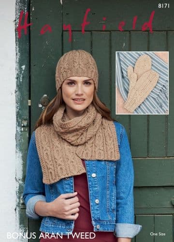 Hayfield Ladies Scarf, Hat & Mittens Knitting Pattern in Aran Tweed - 8171 PDF DOWNLOAD