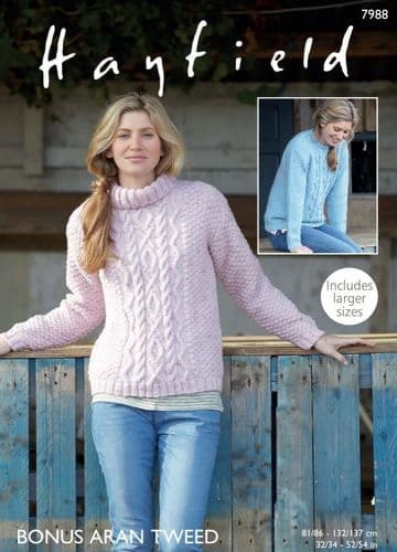 Hayfield Ladies Sweaters Knitting Pattern in Aran Tweed - 7988 PDF DOWNLOAD