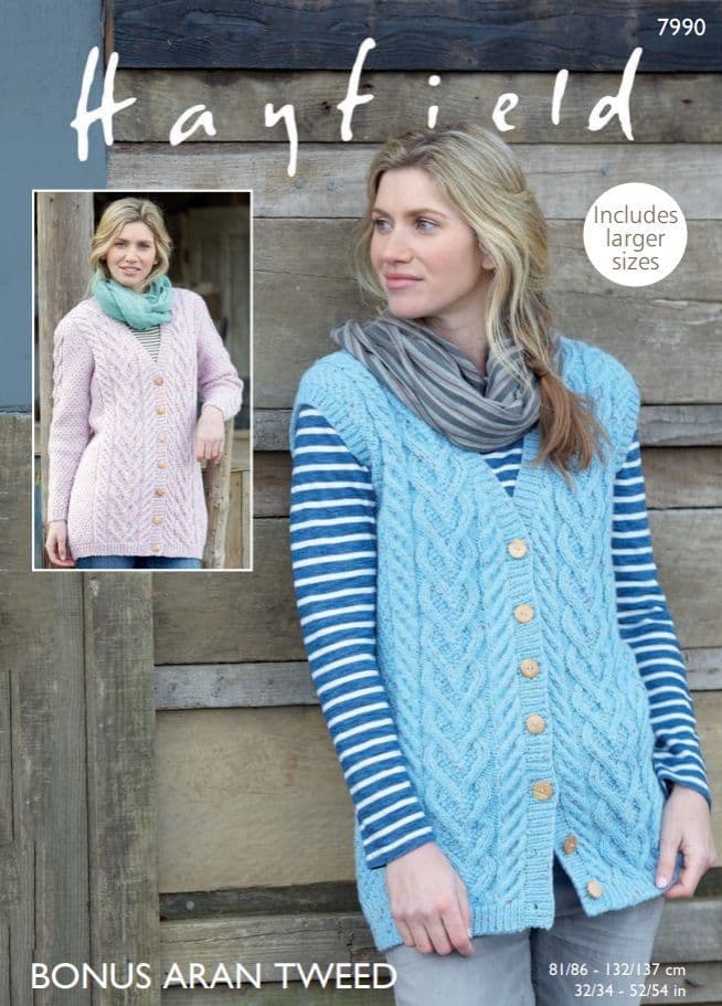 Hayfield Ladies Waistcoats Knitting Pattern in Bonus Aran Tweed 7990P