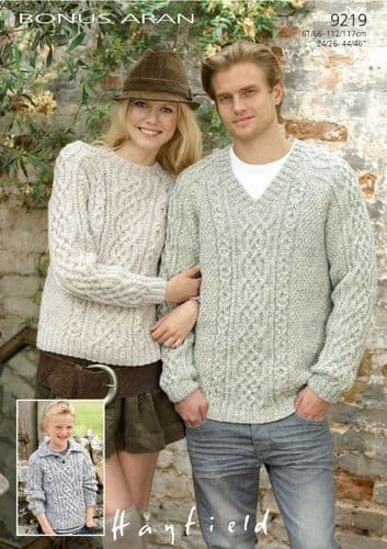 Hayfield Mens & Ladies Sweaters Knitting Pattern in Bonus Aran - 9219 PDF DOWNLOAD