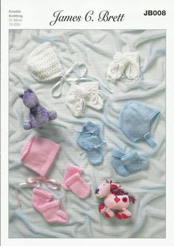 James C Brett Babies Helmet, Bonnets, Mittens & Bootees Baby DK Knitting Pattern (JB008)