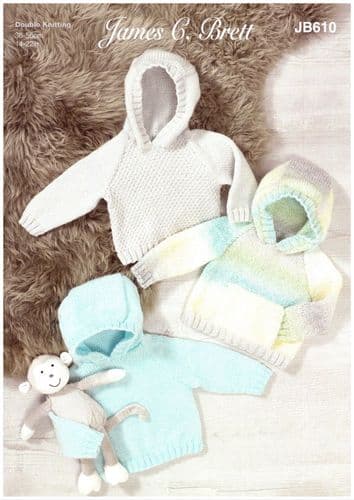 James C Brett Babies Ragaln Hoodies Knitting Pattern in Supersoft Baby DK (JB610)