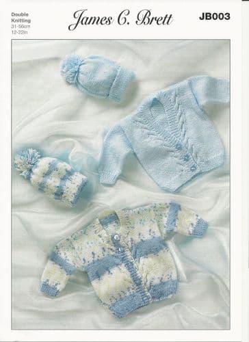 James C Brett Babies Round & V Neck Cardigan & Hat DK Knitting Pattern (JB003)