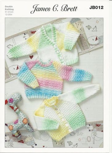 James C Brett Babies Round & V Neck Cardigan & Sweater Knitting Pattern in Baby Marble DK (JB012)
