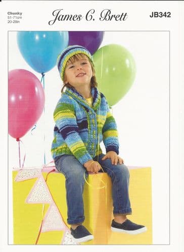 James C Brett Boys Cardigan and Hat Knitting Pattern in Party Time Chunky (JB342)