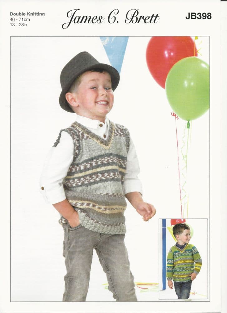 James C Brett Boys Slipover and Sweater Knitting Pattern in Fairground