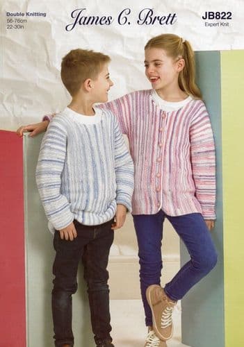 James C Brett Childrens Cardigan & Sweater Knitting Pattern in Party Time Stripes DK (JB822)