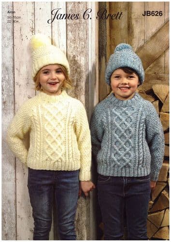 James C Brett Childrens Sweater and Hat Knitting Pattern in Rustic Aran (JB626)