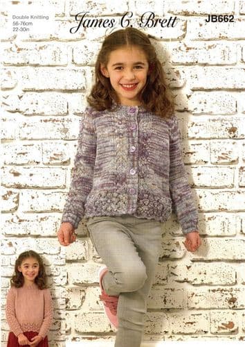James C Brett Girls Cardigan & Sweater Knitting Pattern in Stonewash DK & DK with Merino (JB662)