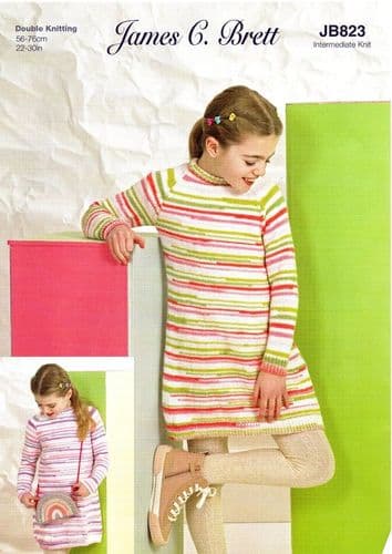 James C Brett Girls Sweater Dress Knitting Pattern in Party Time Stripes DK (JB823)