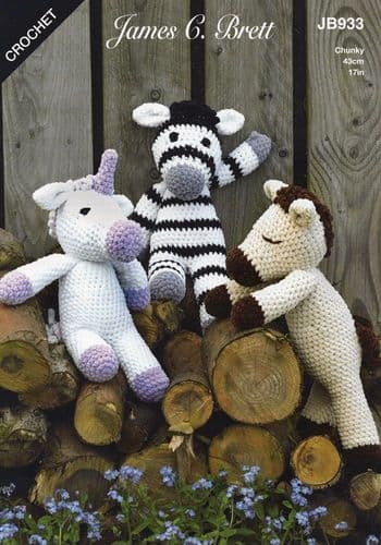 James C Brett Horse, Unicorn & Zebra Toy Crochet Pattern in Flutterby Chunky (JB933)