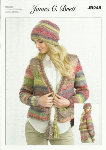 James C Brett Ladies Cardigan & Hat Knitting Pattern in Marble Chunky (JB245)