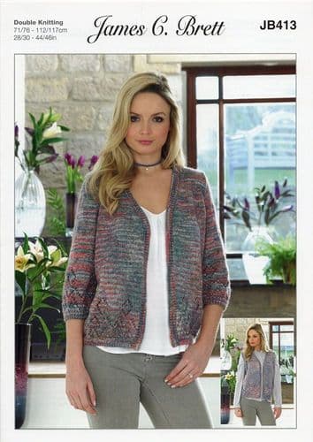James C Brett Ladies Cardigan & Waistcoat Knitting Pattern in Stonewash DK (JB413)