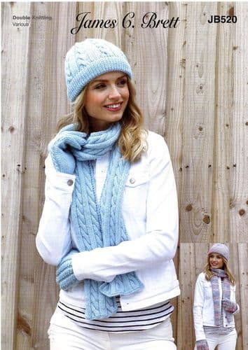 James C Brett Ladies Hat, Scarf & Gloves Knitting Pattern in Stonewash DK & DK with Merino (JB520)