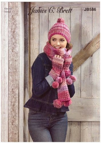 James C Brett Ladies Scarf, Hat and Wrist Warmers Knitting Pattern in Marble Chunky (JB586)
