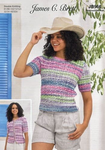 James C Brett Ladies Sweater & Cardigan Knitting Pattern in Cotton Waves DK (966)