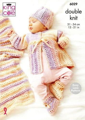 King Cole Babies Cardigan, Coat, Hat , Booties & Blanket Knitting Pattern in Cutie Pie DK (6029)