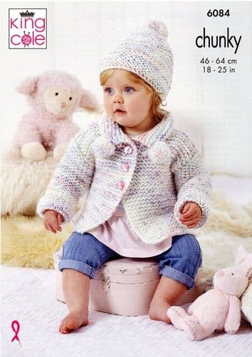 King Cole Babies Coat, Cardigan, Top & Hat Knitting Pattern in Bumble Chunky (6084)