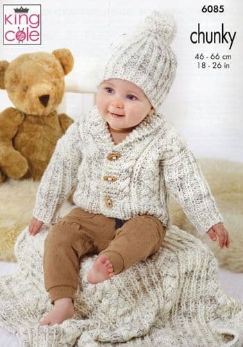 King Cole Babies Jacket, Cardigan, Gilet, Hat & Blanket Knitting Pattern in Bumble Chunky (6085)