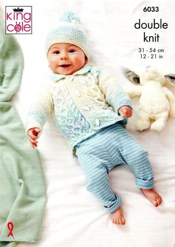 King Cole Babies Jacket, Sweater, Cardigan & Hat Knitting Pattern in Cutie Pie DK (6033)