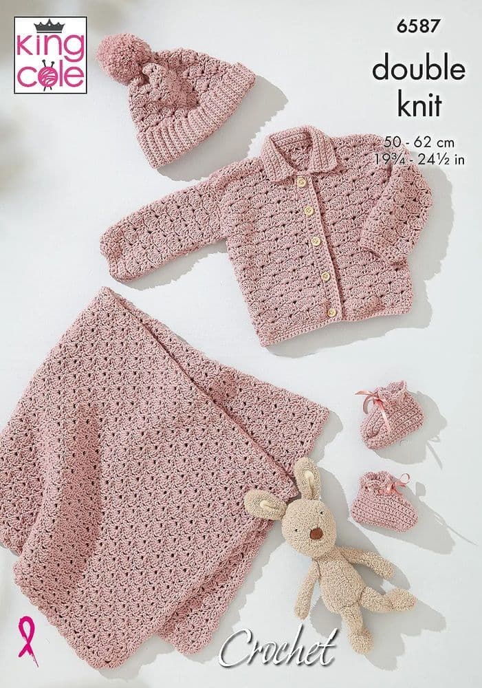 King Cole Baby Shell Stitch Set Crochet Pattern in Little Lamb Dk 6587