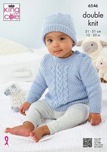 King Cole Baby Slipover, Cardigan, Sweater & Hat Knitting Pattern in Little Lamb Dk (6546)