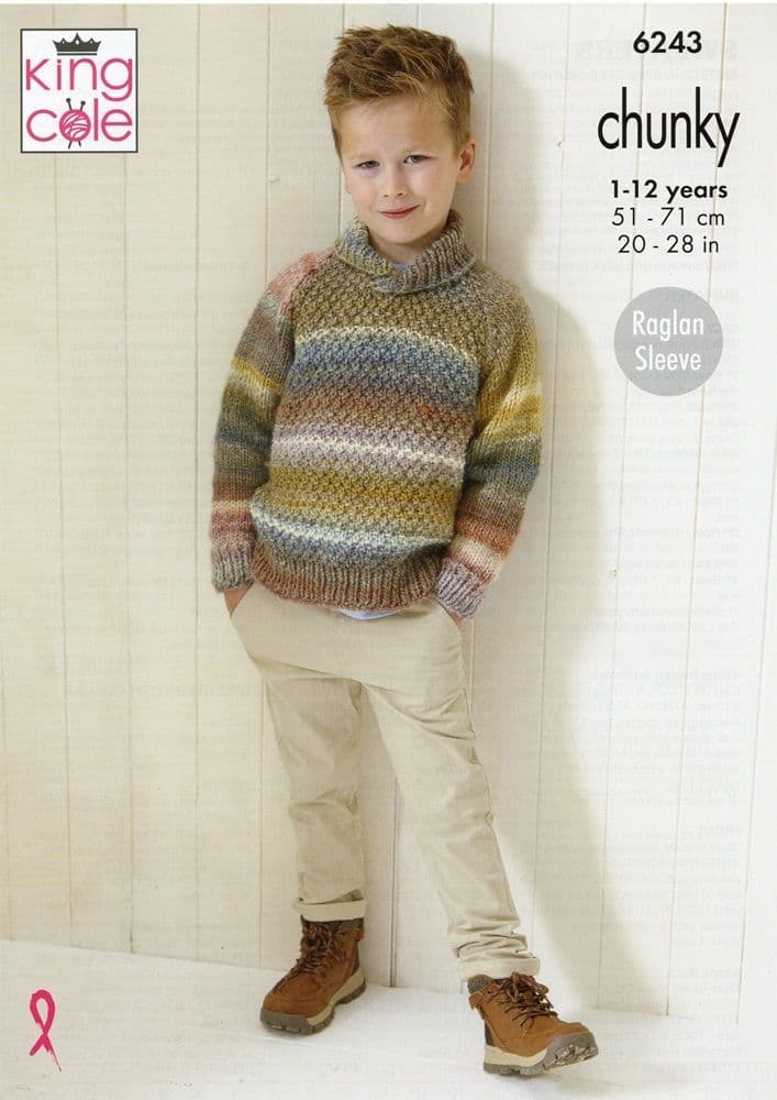 King Cole Boys Sweaters Knitting Pattern in Cottagespun Chunky 6243