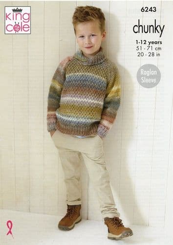 King Cole Boys Sweaters Knitting Pattern in Cottagespun Chunky (6243)