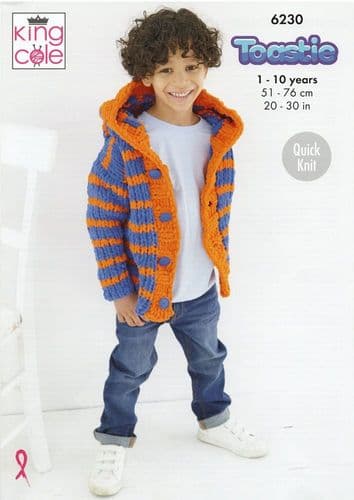 King Cole Childrens Cardigan & Hoodie Knitting Pattern in Toastie Super Chunky (6230)