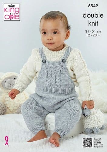 King Cole Dungarees, Pinafore, Sweater, Cardigan & Bootees Knitting Pattern in Little Lamb Dk (6549)
