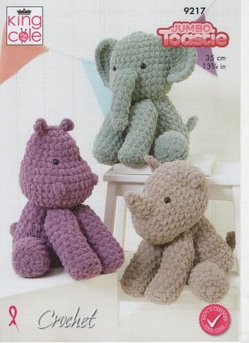 King Cole Elephant, Hippo and Rhino Toys Crochet Pattern in Jumbo Toastie (9217)
