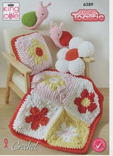 King Cole Flower Cushions Blanket and Snail Toys Crochet Pattern in Jumbo Toastie (6389)