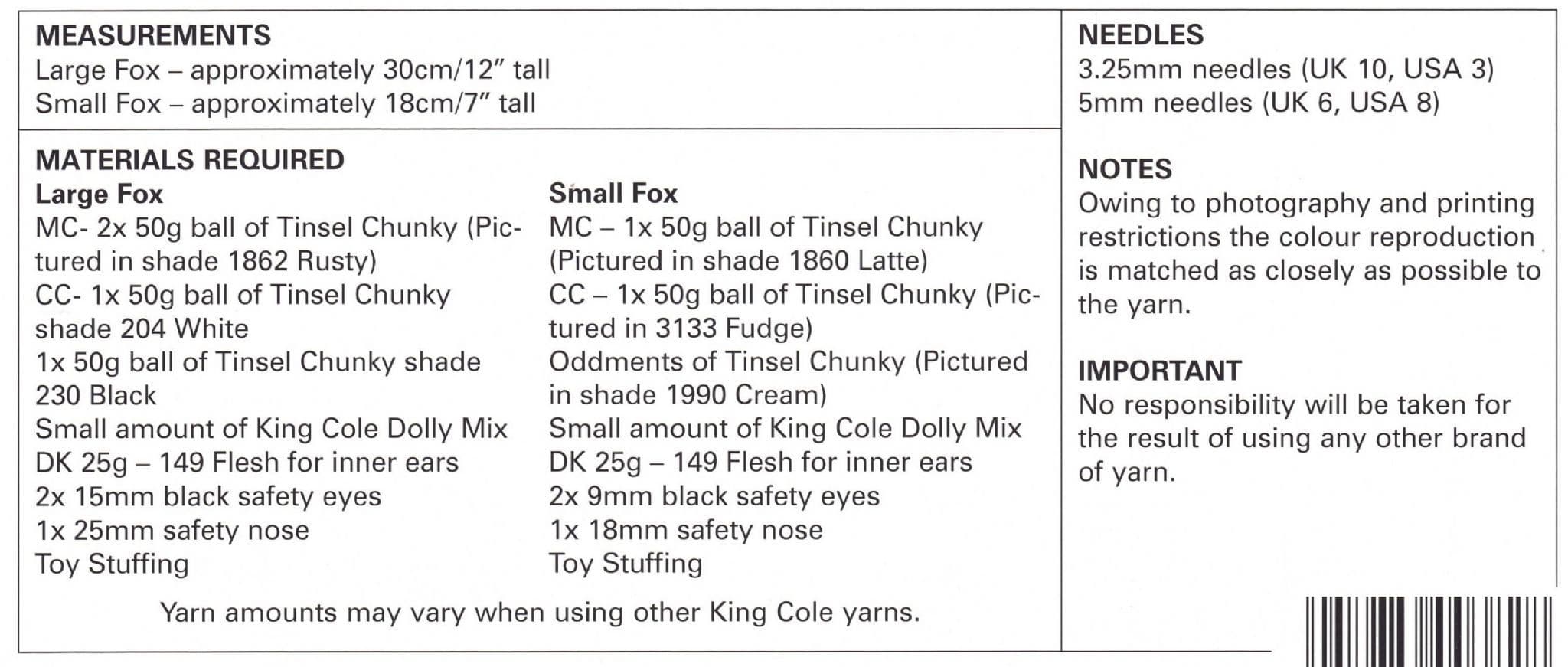 King Cole Fox Knitting Pattern in Tinsel Chunky 9110