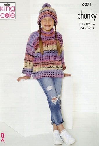 King Cole Girls Sweater, Cardigan & Hat Knitting Pattern in Safari Chunky (6071)
