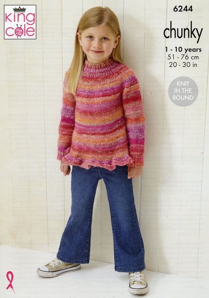 King Cole Girls Sweaters Knitting Pattern in Cottagespun Chunky 6244