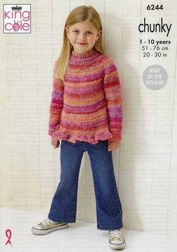 King Cole Girls Sweaters Knitting Pattern in Cottagespun Chunky (6244)