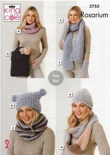 King Cole Hats, Snoods, Wristwarmers, Scarf, Bag & Loop Knitting Pattern in Rosarium (5755)