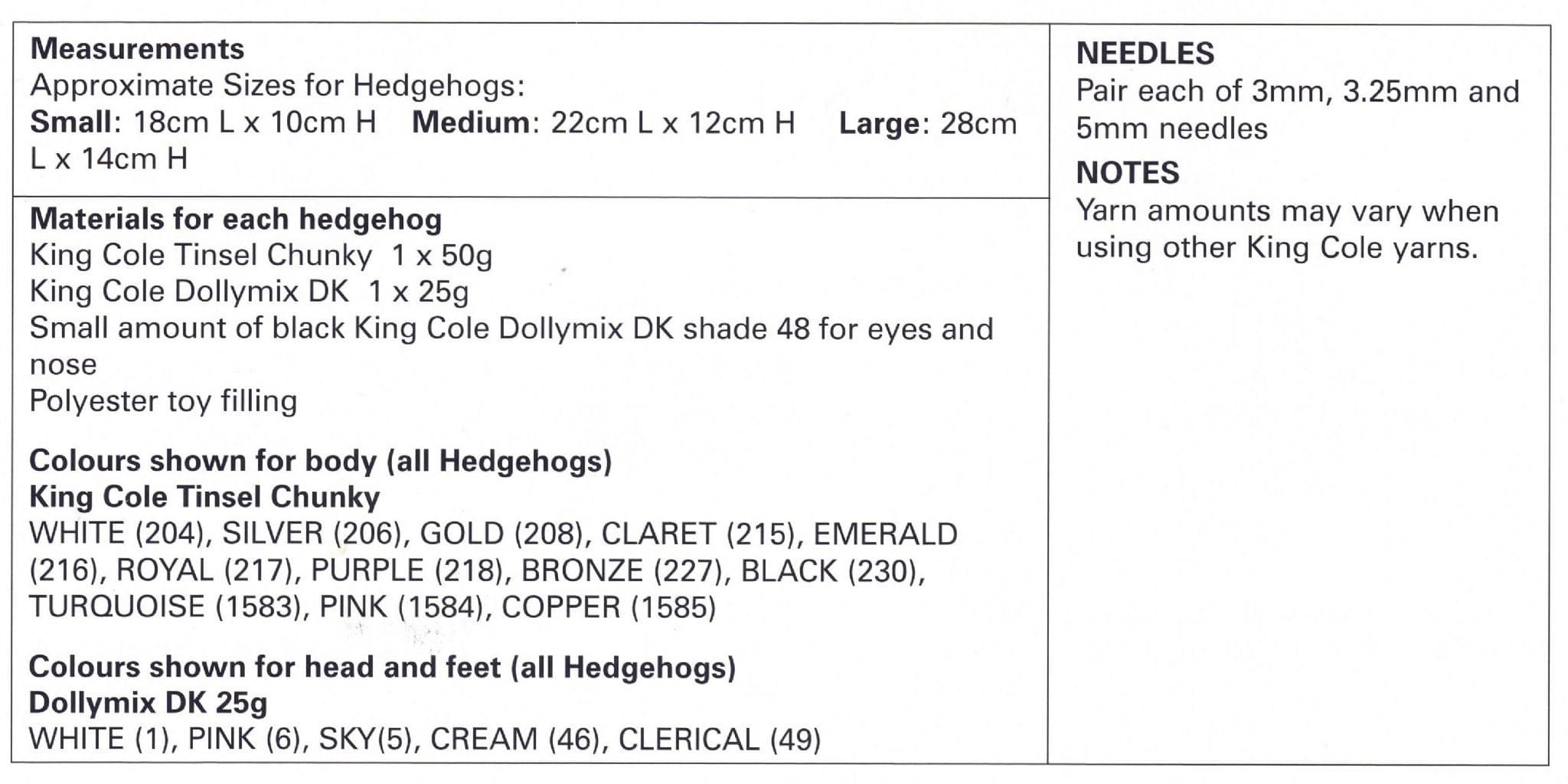 King Cole Hedgehogs Knitting Pattern in Tinsel Chunky 9015