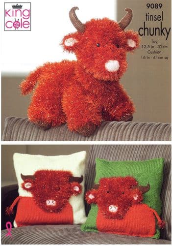 King Cole Highland Cow & Cushion Covers Knitting Pattern in Tinsel Chunky (9089)