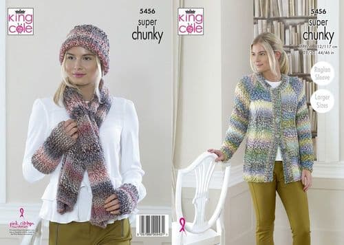 King Cole Ladies Cardigan, Scarf & Hat Knitting Pattern in Explorer Super Chunky (5456)
