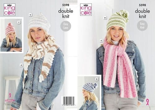 King Cole Ladies Hats, Beret & Scarves Knitting Pattern in Stripe DK (5598)