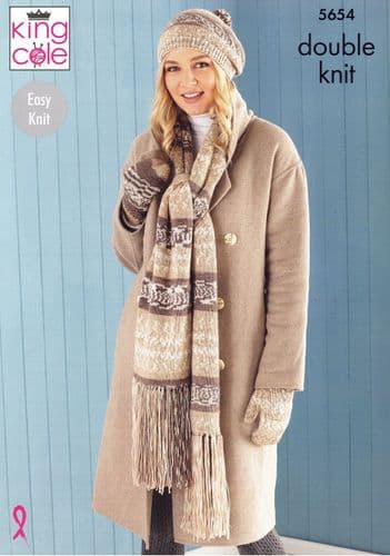 King Cole Ladies Scarf, Wristwarmers, Hats, Mitts & Snood Knitting Pattern in Fjord DK (5654)