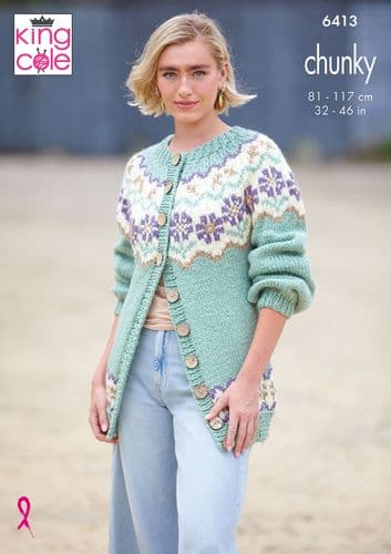 King Cole Ladies Sweater and Cardigan Knitting Pattern in Dalesway Chunky (6413)