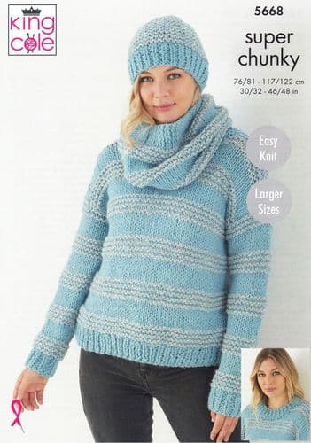 King Cole Ladies Sweater, Hat & Cowl Knitting Pattern in Timeless (Classic) Super Chunky (5668)