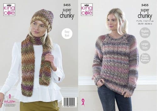 King Cole Ladies Sweater, Hat & Scarf Knitting Pattern in Explorer Super Chunky (5455)